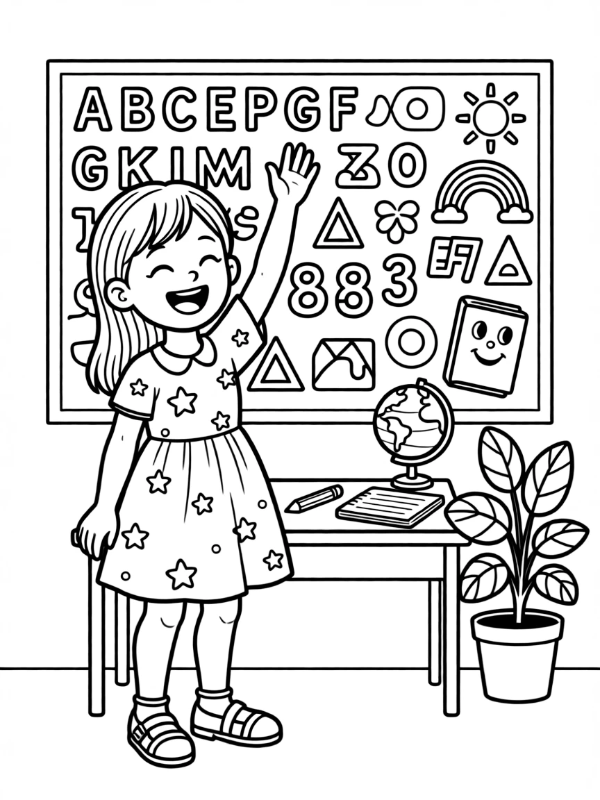 a giggling young girl raises a hand eagerly to answer a question in front of a colorful bulletin board.