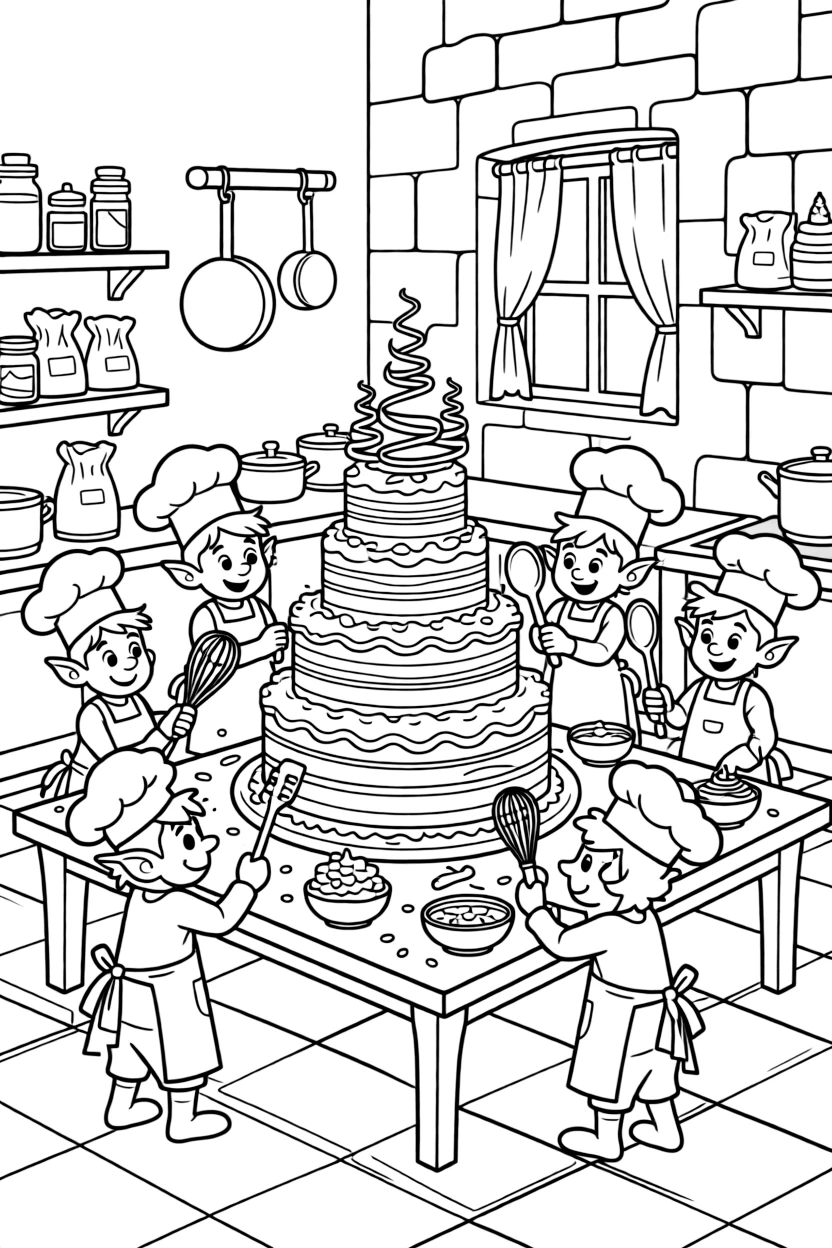 A castle's kitchen staff of friendly goblins bakes an enormous cake for the queen's birthday, complete with sugar-spun towers.