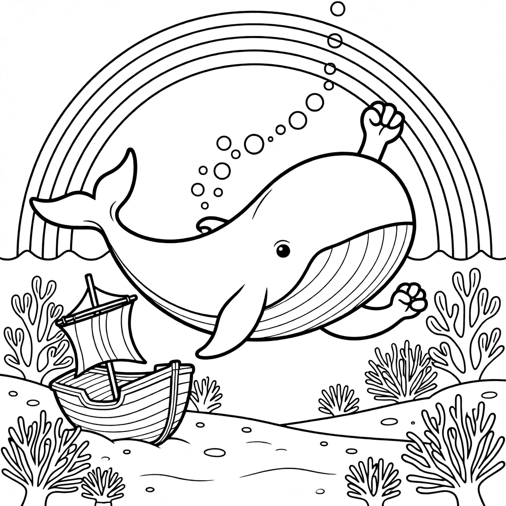 [Sea Creatures] a giant humpback whale gliding past a coral reef near a sunken pirate ship, cheering with both fists raised. Nearby, colorful coral and anemones dot the seafloor. Bubbles trail upward in a gentle stream. The scene is captured in the late afternoon, with a rainbow arching overhead, giving the page a lively and adventurous feel that invites plenty of colorful detail.
