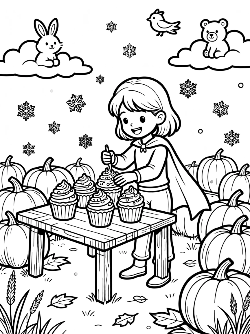 A girl superhero with a flowing cape is decorating cupcakes with sprinkles and swirls of frosting in a pumpkin patch on a crisp autumn day. All around, gently falling snowflakes and fluffy clouds shaped like little animals add to the delightful moment.