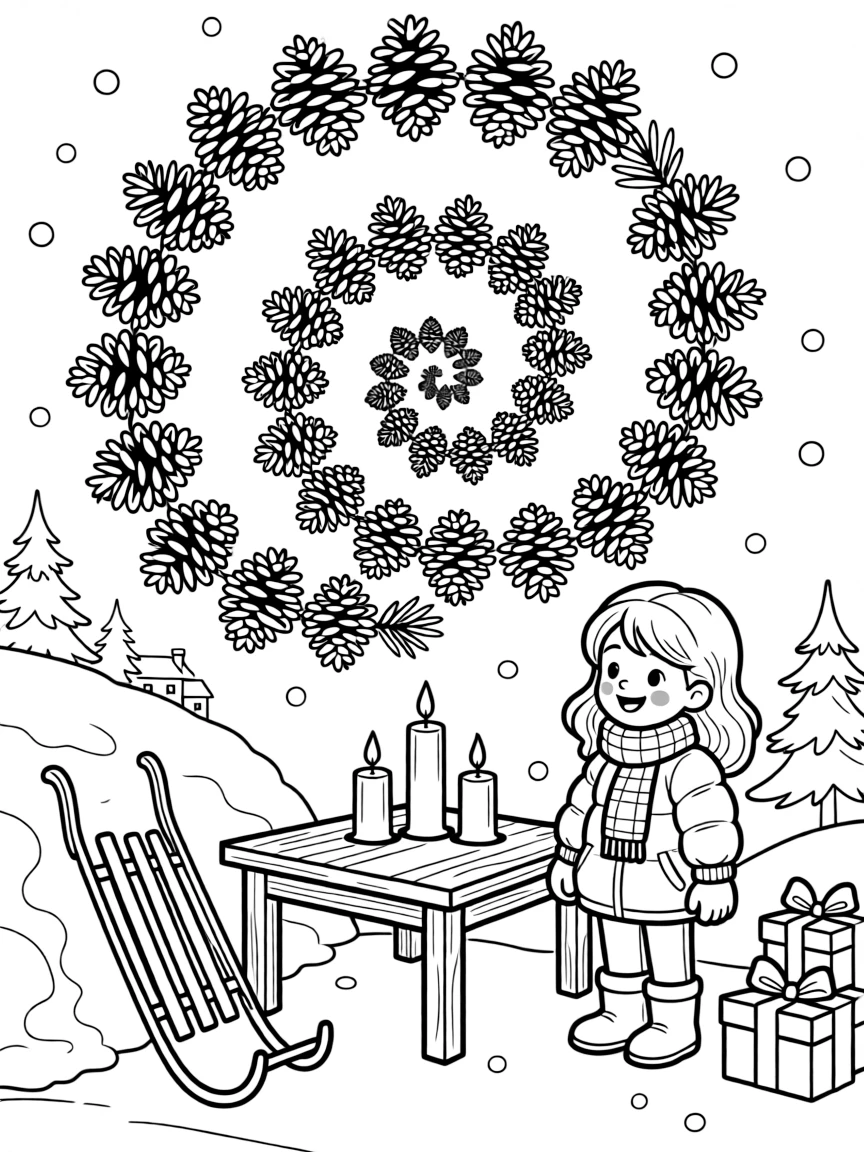 A spiral of pinecones and candles on a table on a snow-covered village square, while a joyful little girl looks on nearby, a sled leaning against a snowbank and a stack of wrapped gifts completing the scene.