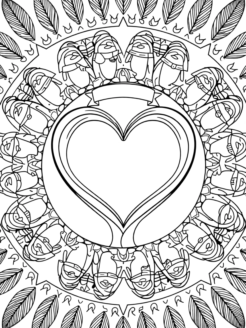 Arctic & Polar Animals: The design turns a penguin family standing in a huddle into a kaleidoscope-style composition anchored by a heart-shaped mandala framed by soft curling loops. The imagery is arranged in a spinning ring of repeated segments, each one a slightly rotated twin of its neighbor. Decorative details fill the surrounding space, including flame-shaped tips curling upward, nested triangle shapes, and fanned feather plumes woven throughout the background. A playful extra touch completes the page: a little blank banner tucked into the design, ready for a name to be added.