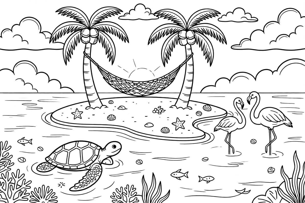 [Tropical Islands] A sea turtle swims lazily near a small island ringed with coral and clear blue water. A pair of flamingos wades in a shallow lagoon near the edge of the island. A rope hammock hangs between two palm trees overlooking a curve of white sand. Bright sunshine sparkles across the turquoise water beneath a sky full of fluffy clouds.