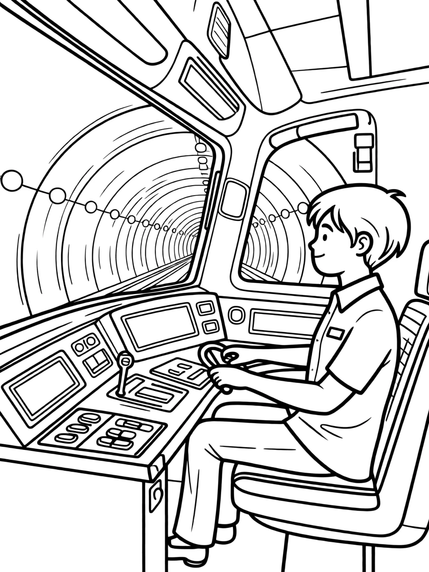 A subway operator drives a train through a tunnel lined with glowing lights.