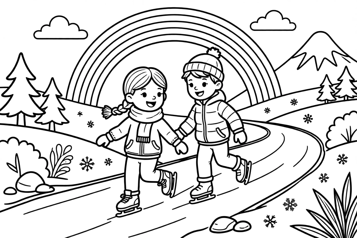A girl with braids ice skating with a big brother on a mountain trail with a rainbow arching overhead.