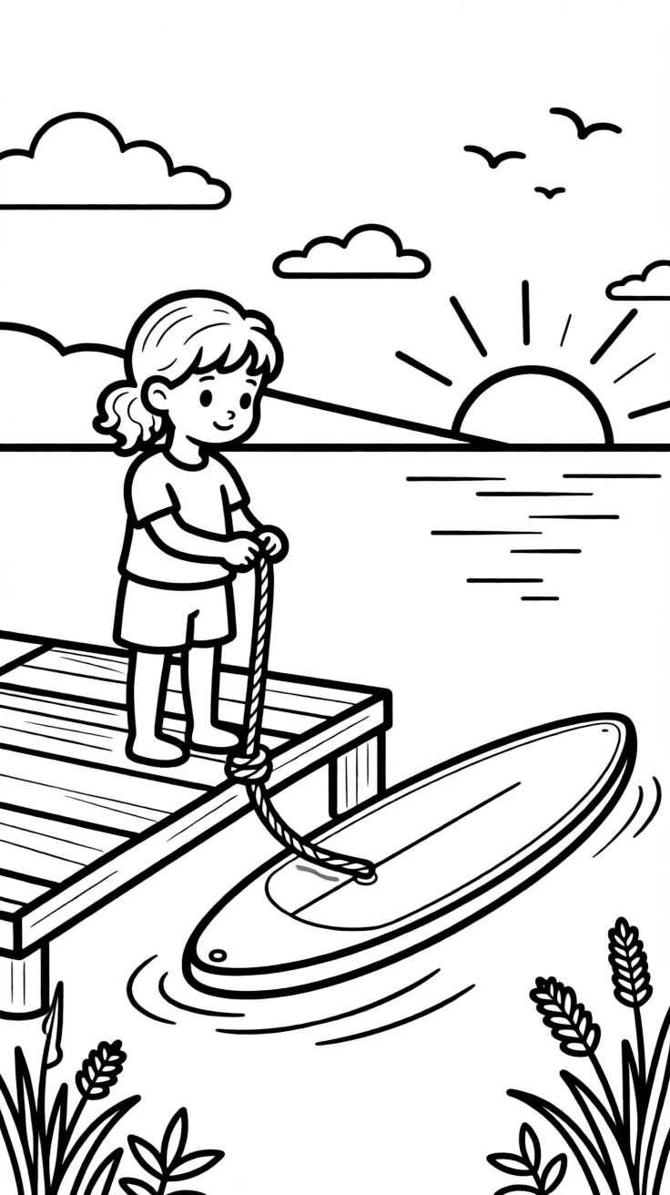 A little girl with curly hair, tying the paddleboard to a dock after a peaceful evening paddle.