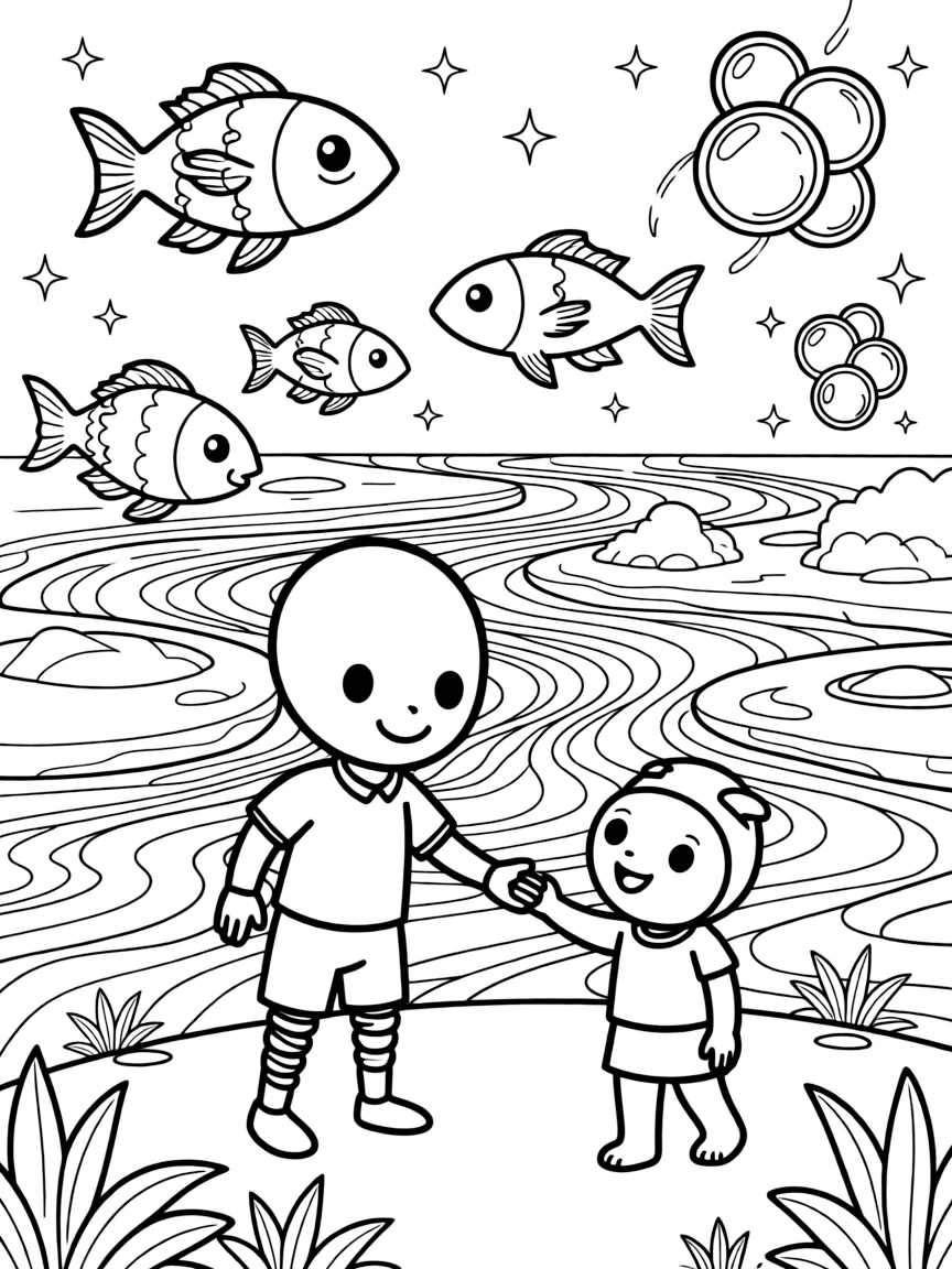 Quibble, an alien athlete with spring-coiled legs helping a shy alien make new friends at the intergalactic fair near a lava planet with rivers of glowing orange magma and floating platforms, surrounded by a school of glowing space fish swimming through the air and a cluster of soap-bubble-like energy shields.
