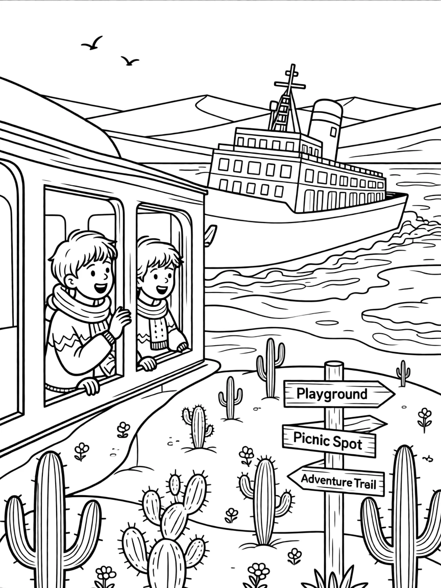 This coloring page shows an icebreaker ship crunching through arctic ice floes making its way across a golden desert dotted with cacti and distant sand dunes, accompanied by twin siblings pressing their faces to the window, while road signs pointing toward fun destinations adds extra charm to the scene.