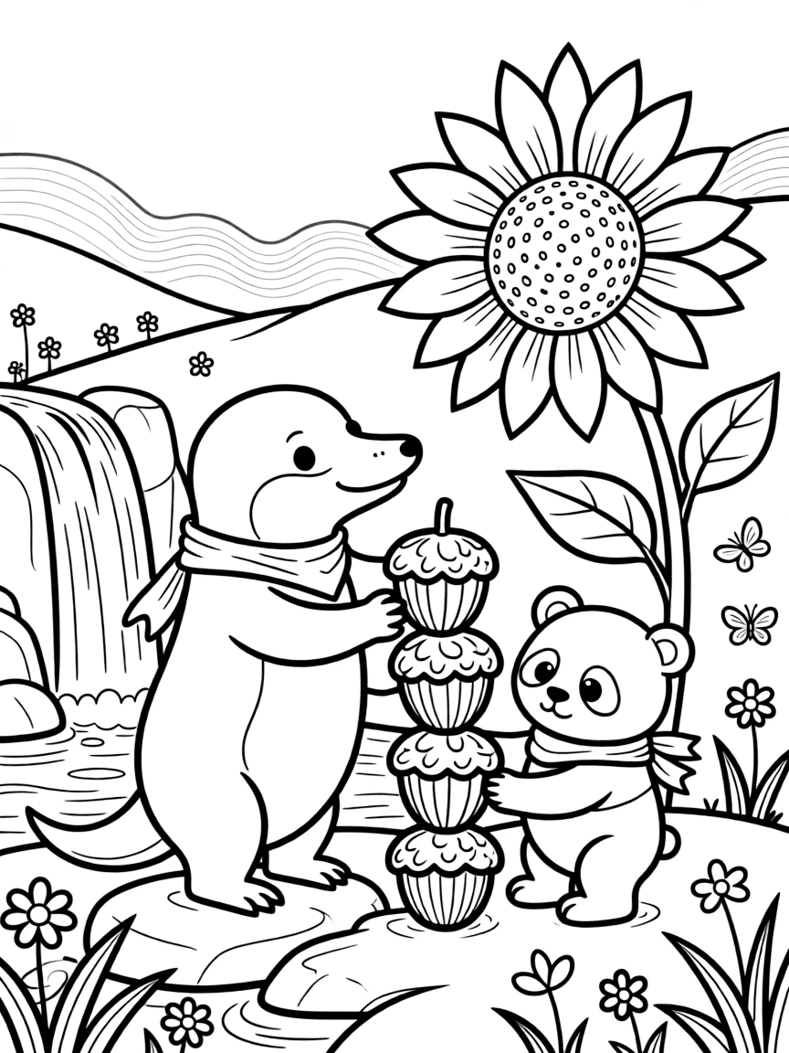 A platypus near a waterfall, stacking acorns into a tower with a panda cub, next to a giant sunflower, while morning fog rolls over the hills.