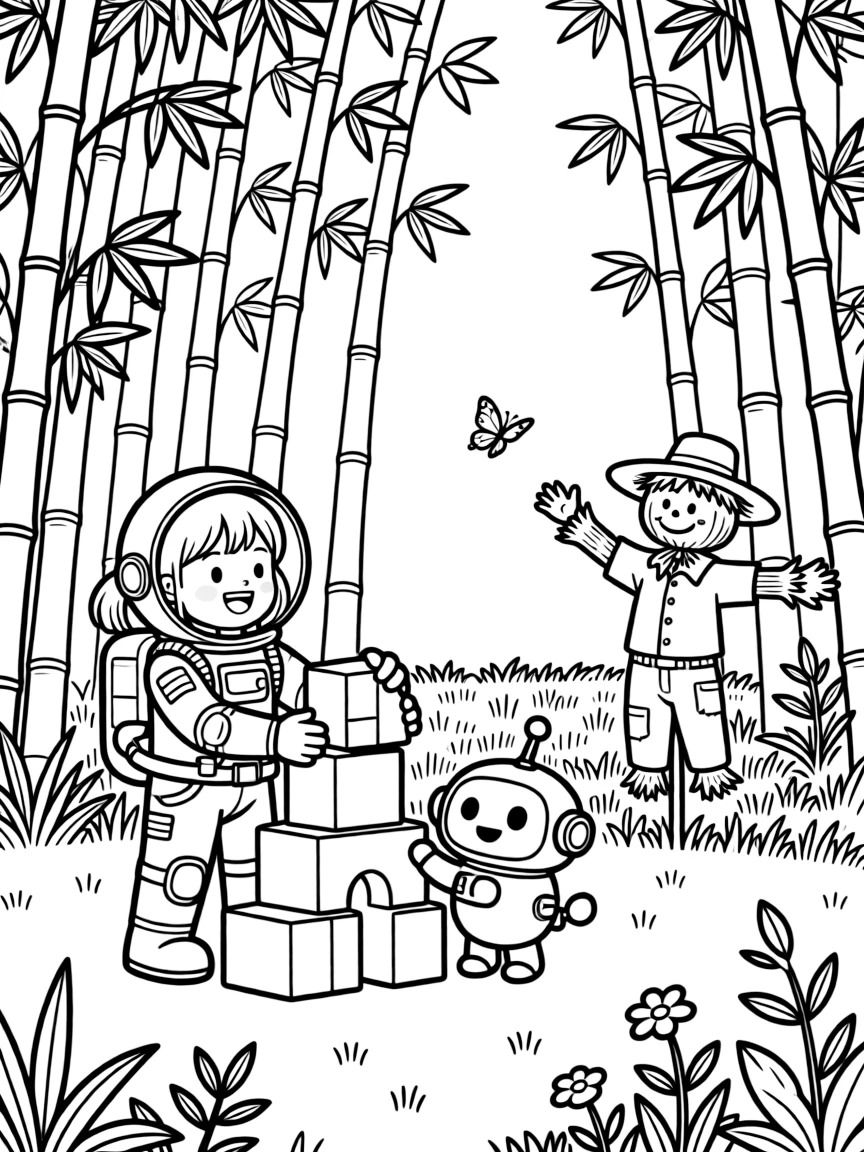 Chirpy and full of excitement, a girl astronaut and her robot pet spends the day building a bridge out of oversized building blocks in a bamboo forest clearing. Nearby, a cheerful scarecrow waving from the field adds to the fun. It's a perfectly wonderful, magical moment.