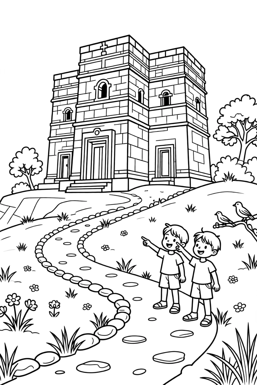 A coloring page set in Ethiopia, showing a cluster of ancient rock-hewn churches carved into a hillside, with a winding path leading toward it and a couple of curious children pointing excitedly.