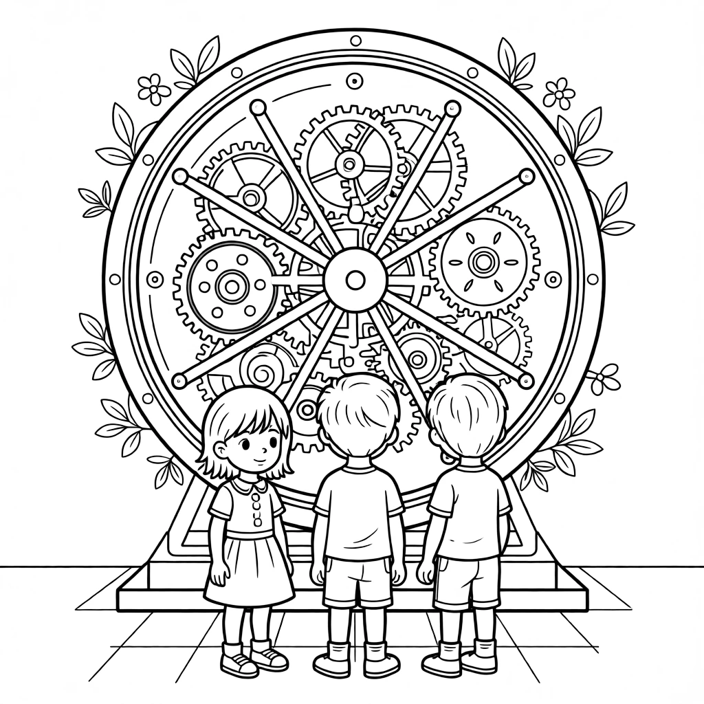 a gentle group of three kids watches gears turn in a giant see-through clock exhibit.