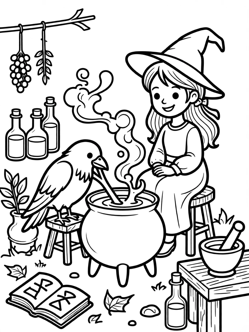 A young witch practices potion-making with her pet raven, who insists on stirring the cauldron with his beak.
