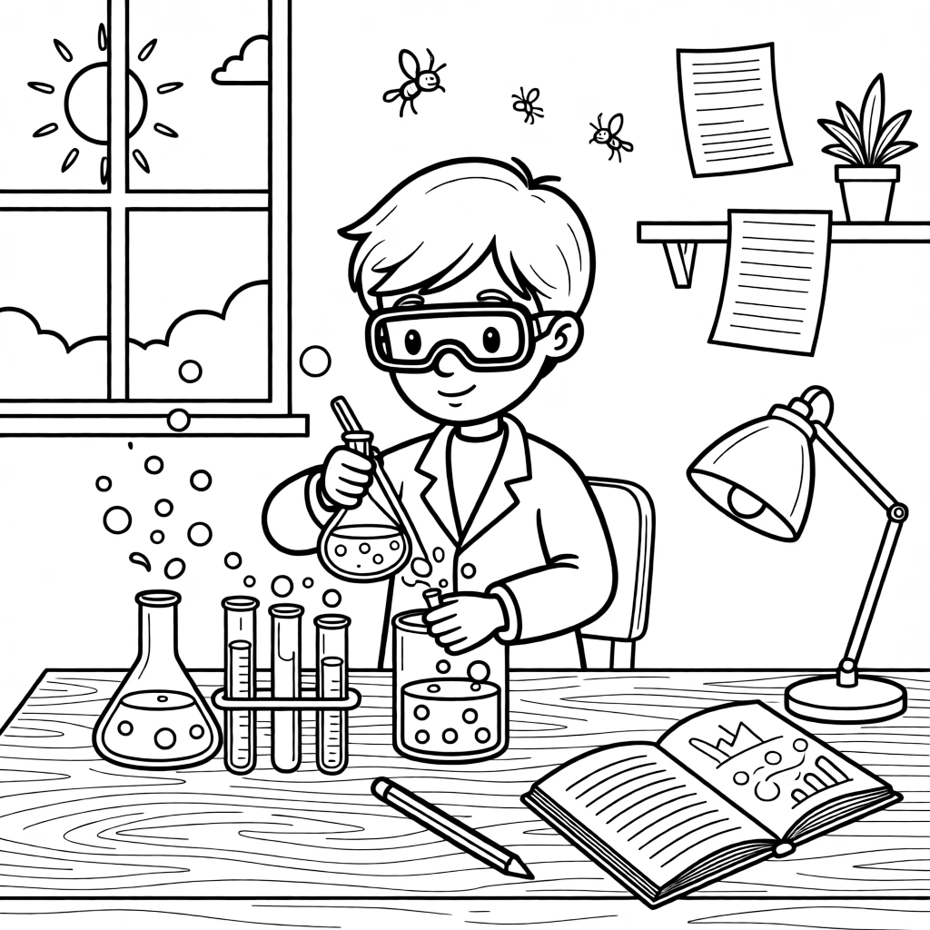 [Science Experiments] a young scientist mixing bubbling liquids watching colorful bubbles fizz over the top at a classroom science table. In the background, a notebook records careful observations, adding extra fun to explore. Bubbles and fizz add fun texture to color. It all happens at high noon, with fireflies beginning to glow.