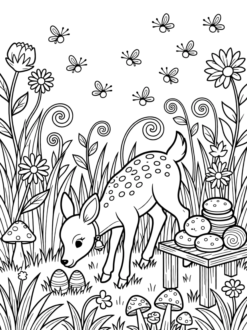 A gentle baby deer with white spots is searching for hidden eggs tucked in the grass inside a wizard's garden glowing with enchanted plants. Close by, a stack of freshly baked pastries and twinkling fireflies rising into the air add a playful, cheerful touch.