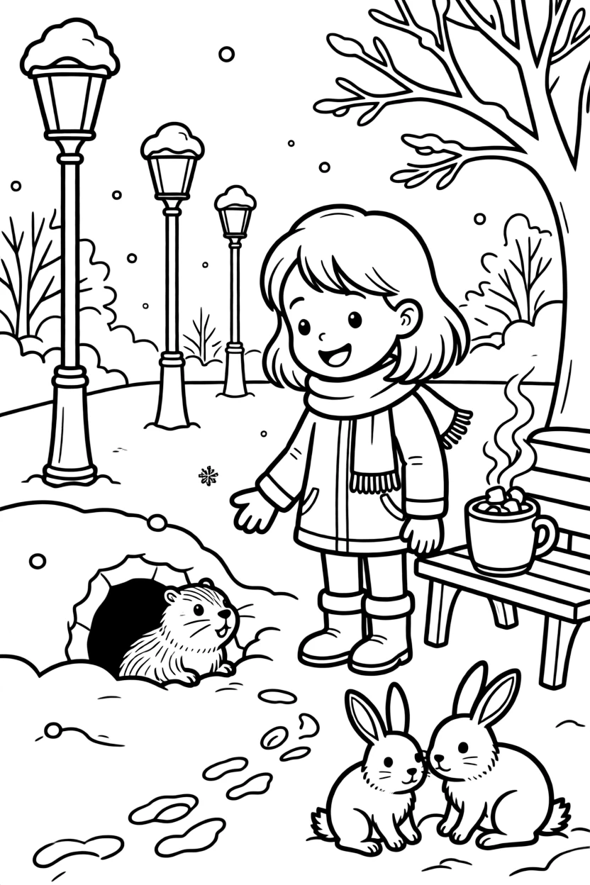 A joyful little girl admiring a curious groundhog peeking from its burrow on a quiet street lined with snow-capped lampposts, near a steaming mug of cocoa with marshmallows and a family of snow-covered rabbits.