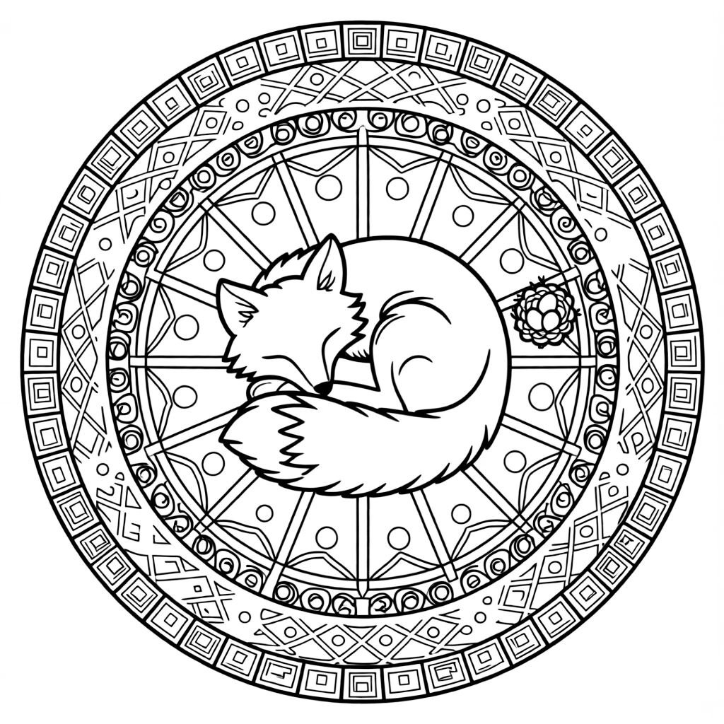 Arctic & Polar Animals: The main subject is an arctic fox curled up in soft snow, drawn as the focal point of a wheel-spoke mandala radiating from a round hub. It is positioned in the middle of the page so the design radiates outward evenly in every direction. Decorative details fill the surrounding space, including rows of small square tiles, a grid of lattice diamonds, and clusters of round bubbles woven throughout the background. A playful extra touch completes the page: a tiny nest holding three small eggs tucked into the pattern.
