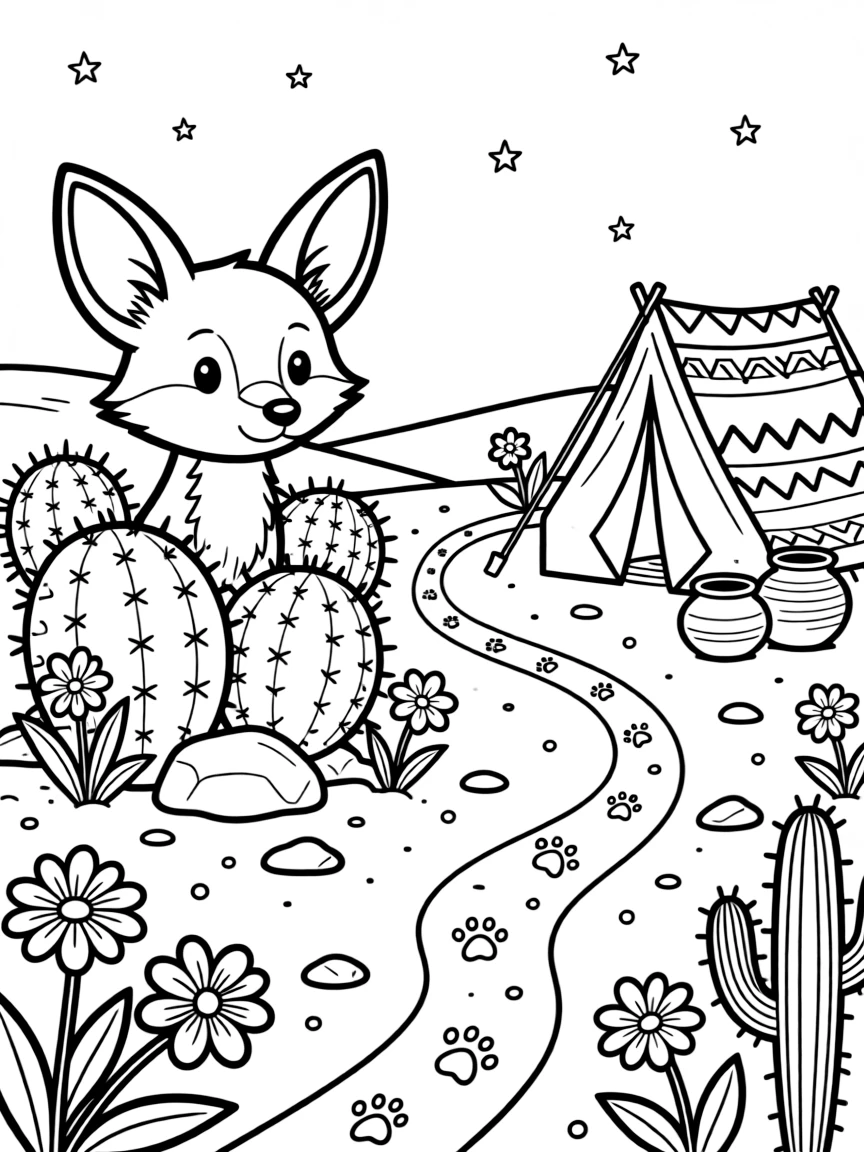 [Desert Dunes] A curious desert fox pokes its oversized ears out from behind a cluster of round cacti. Colorful desert flowers bloom between rocks near a trail of small paw prints. A cluster of colorful woven blankets and clay pots sits near a small desert campsite. Stars begin to appear over the desert as the sand cools in the evening air.