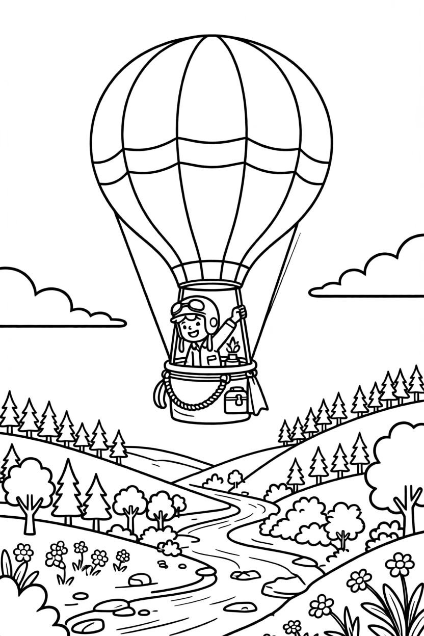 A hot air balloon pilot adjusts the burner as the balloon rises over a valley.