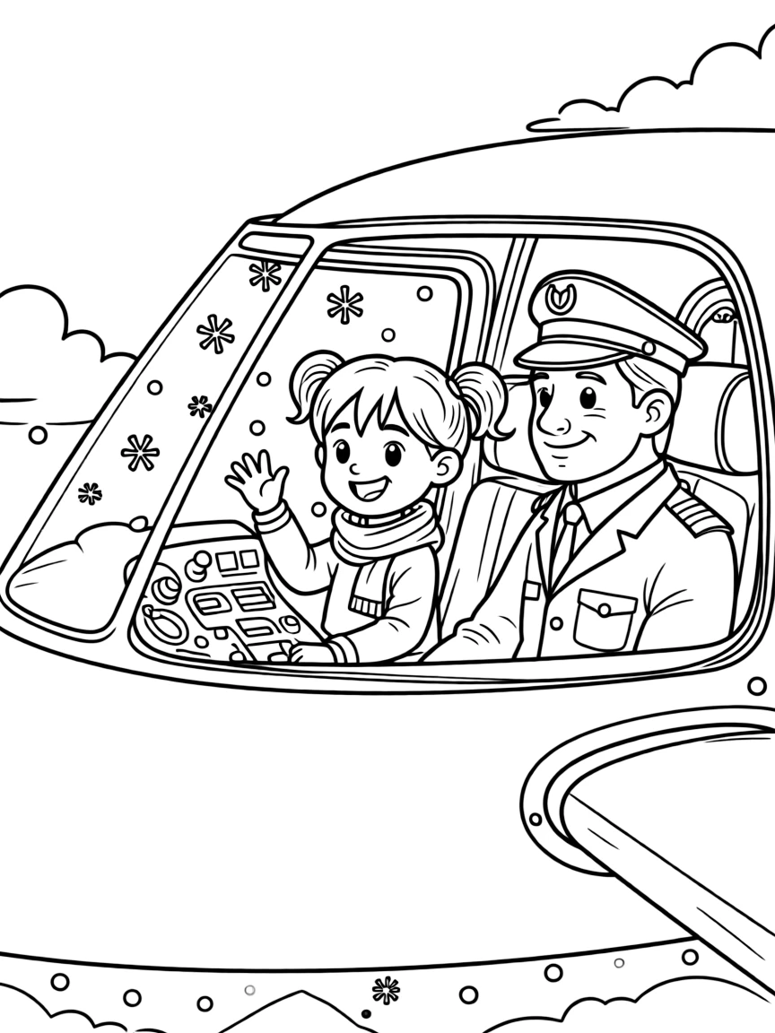 A girl in pigtails waving from a cockpit window next to a pilot while snowflakes fall softly.