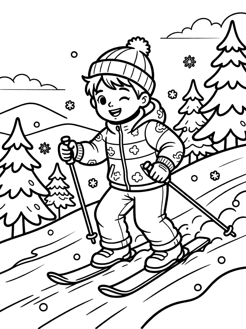 A cheerful young boy, carving down a snowy slope in a bright ski jacket, poles tucked under arms.