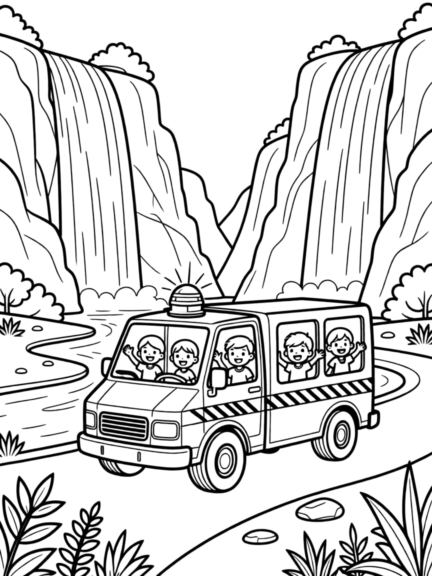 A hazmat response truck with warning stripes is shown journeying through a national park with towering waterfalls and rocky cliffs, with a group of cheerful kids waving from the windows close by and a signal light blinking cheerfully completing the lively scene.