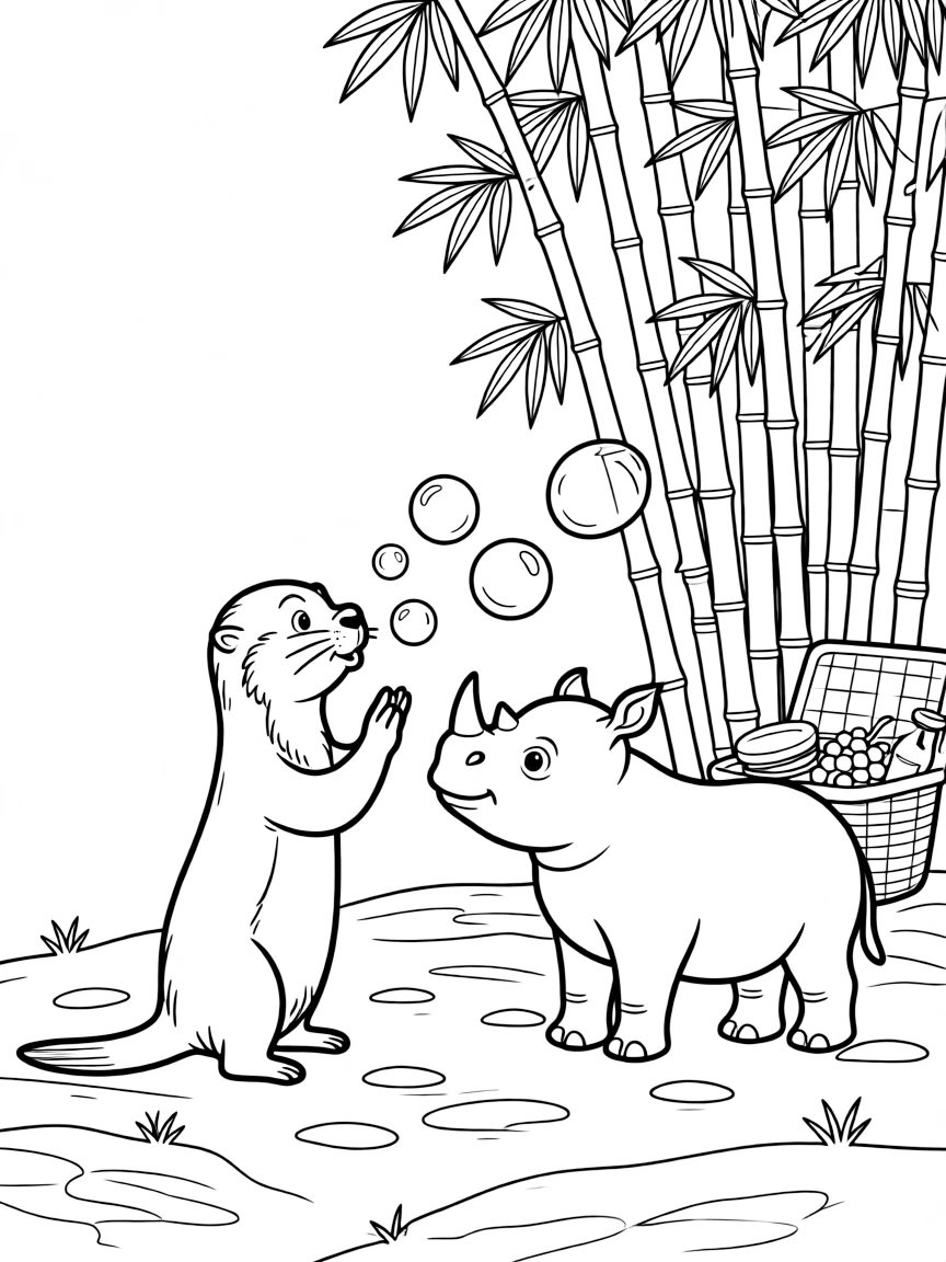 A otter blowing bubbles with a rhino calf at the edge of a sandy desert, near a tall bamboo grove, with a picnic basket full of treats nearby.