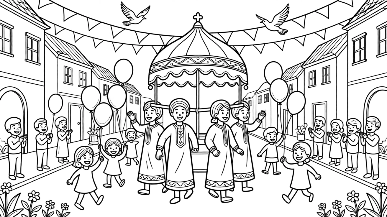 A coloring page bursting with festival energy from Ethiopia, depicting the Timkat festival with a colorful procession following a canopy through town, with balloons, streamers, and happy onlookers filling the scene.