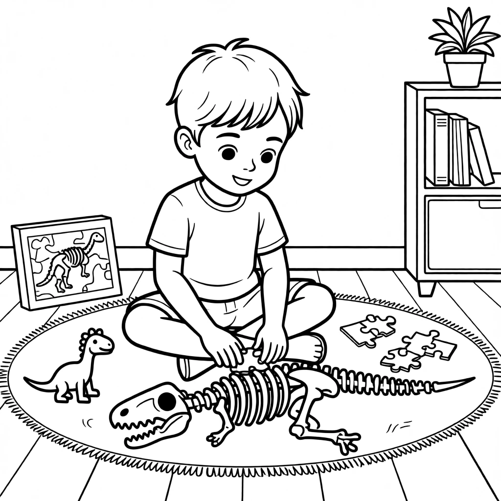 a thoughtful small child assembles a dinosaur skeleton puzzle piece by piece on the floor.