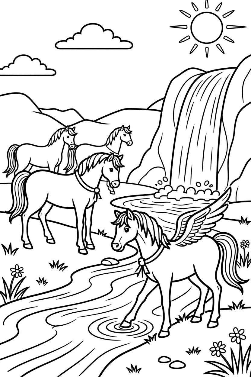 A herd of wild pegasi graze near a waterfall, one young foal daring to dip its hooves into the rushing water.