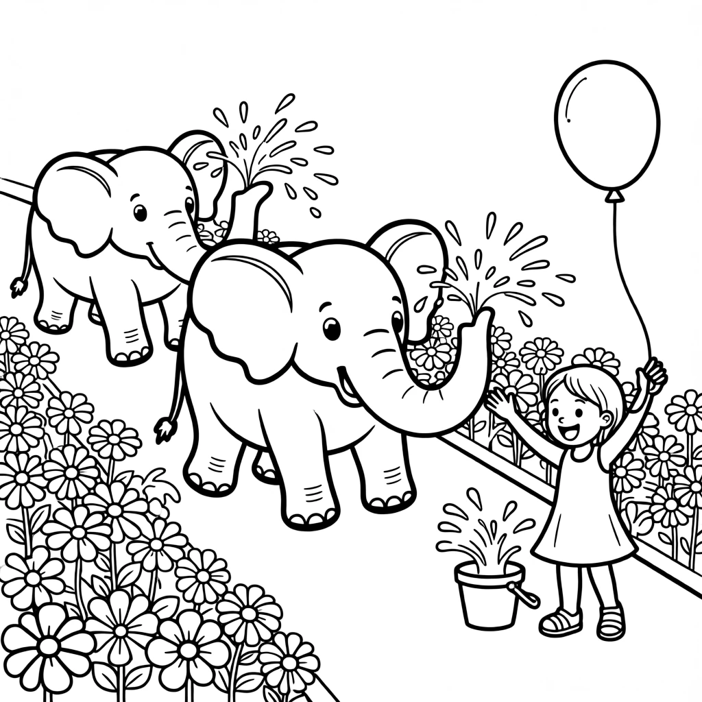 A parade of elephants spraying water with their trunks along a flower-lined street prepared for a joyful procession, alongside a joyful little girl and a water balloon mid-air, with a bucket splashing with water close by.