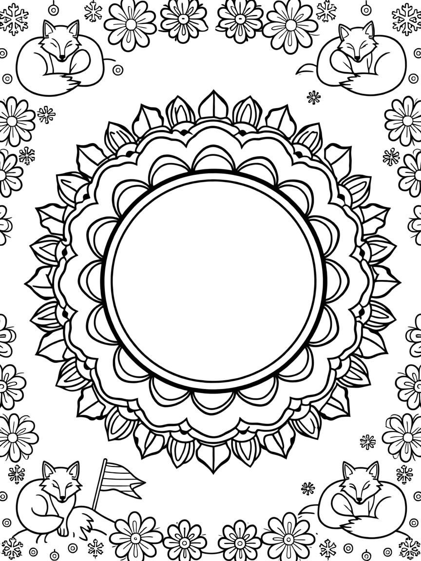 Arctic & Polar Animals: The page centers on a repeating motif of an arctic fox curled up in soft snow, built around a cloud-ring mandala made of puffy overlapping curves. The motif is repeated in a corner-to-corner border that circles the entire page, leaving a round open area in the middle. Decorative details fill the surrounding space, including rows of teardrop-shaped petals, angular crystal facets, and layered flower rosettes woven throughout the background. A playful extra touch completes the page: a small flag on a stick poking out from one side of the pattern.