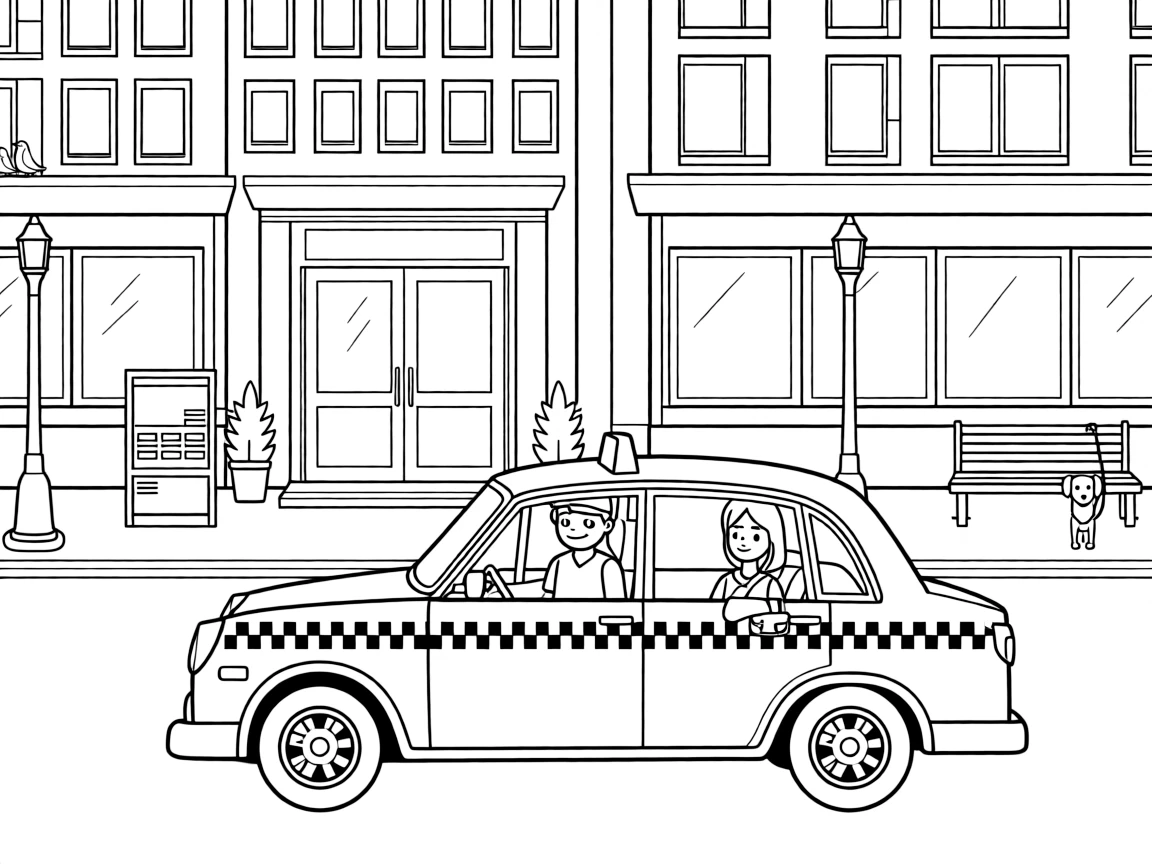 A taxi driver picks up a passenger outside a busy city building.