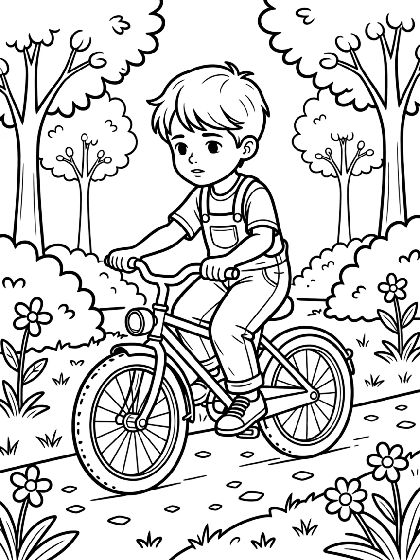 A boy in overalls riding a bicycle alone at the local park, deeply focused, with confetti scattered on the ground.