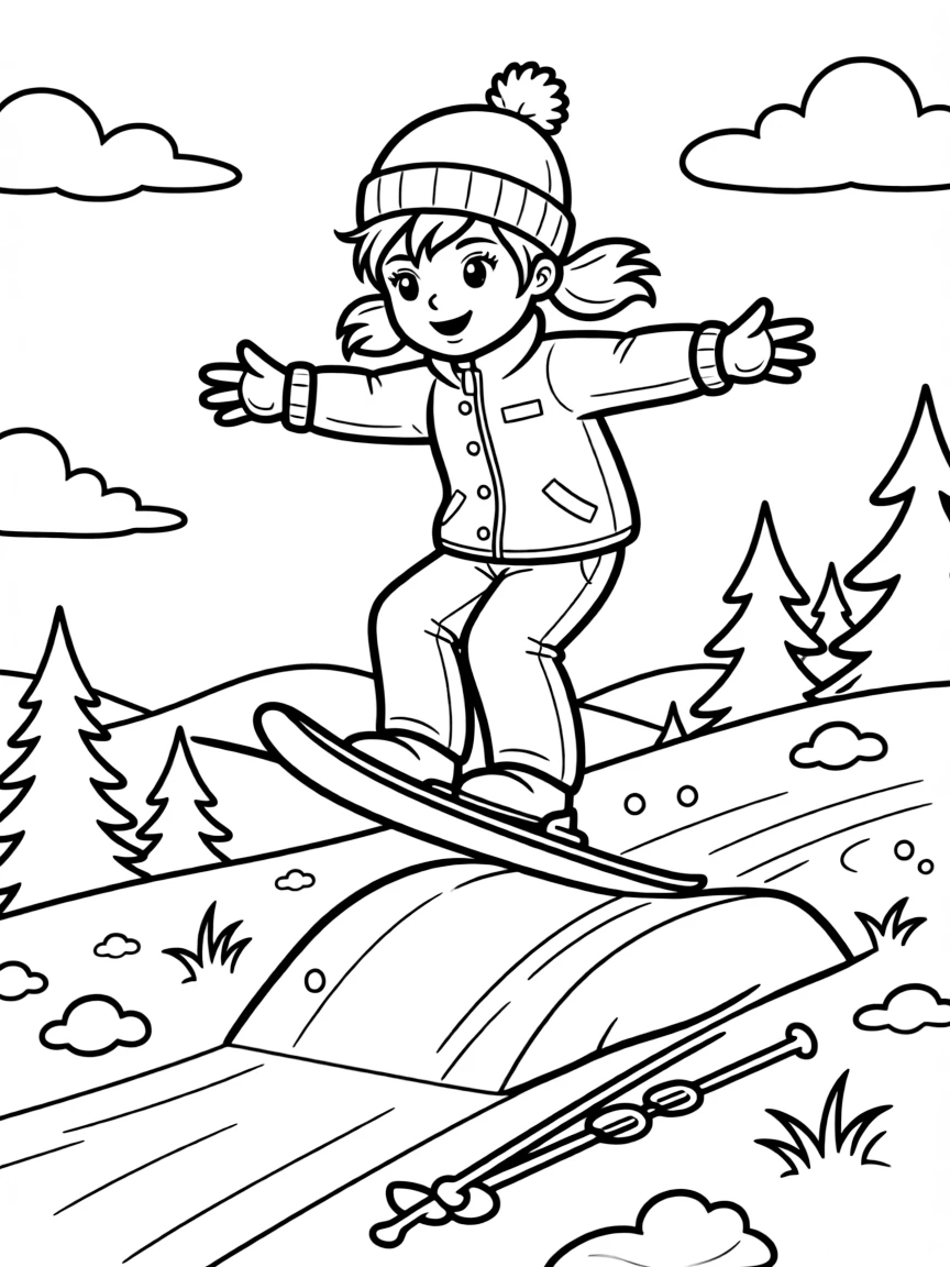 A determined girl with pigtails, soaring off a small jump on the ski hill, arms spread for balance.