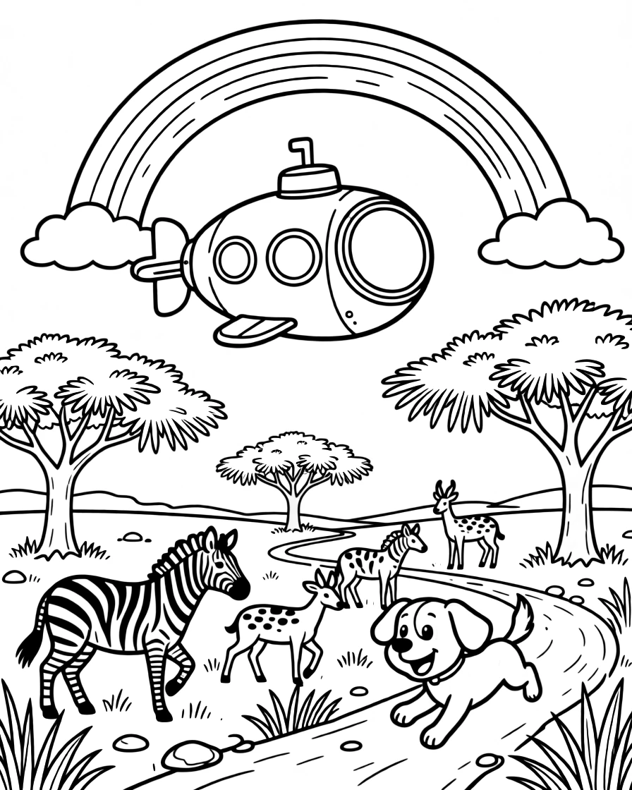A mini submarine explorer with a bubble-shaped window is shown journeying through an open savanna dotted with acacia trees and grazing animals, with an excited puppy chasing along the road close by and a rainbow arching across the sky completing the lively scene.