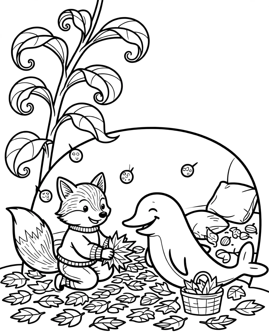 A arctic fox helping gather fallen leaves with a narwhal in a cozy burrow, near a giant beanstalk, with fireflies twinkling nearby.
