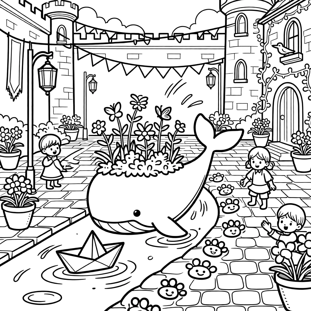 At a royal castle courtyard decorated for a festival, a tiny whale with a garden on its back discovers the joy of sailing a paper boat down a rain-puddle river, while a trail of glowing footprints watches happily nearby. Little cheers of excitement fill the air.