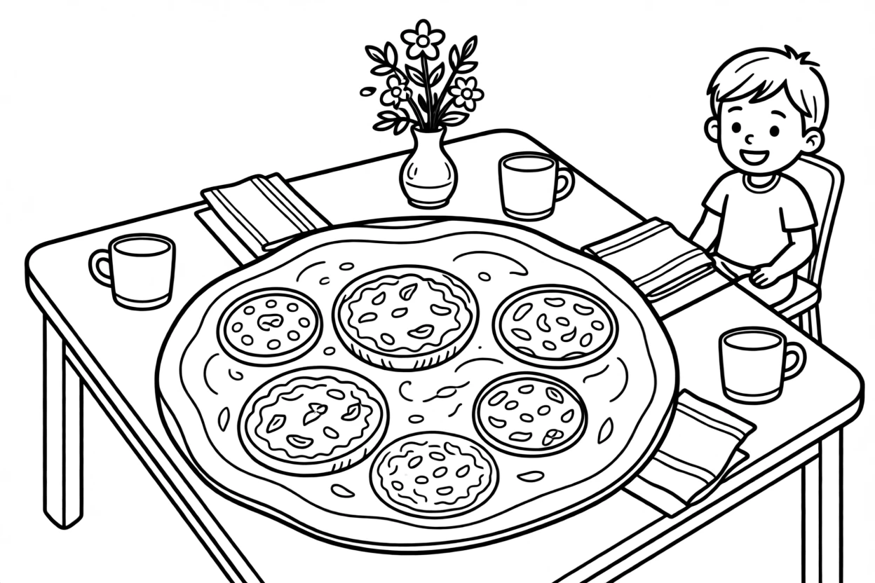 A coloring page of a cozy mealtime scene from Ethiopia featuring a large injera flatbread topped with colorful stews, arranged on a table with napkins, cups, and a cheerful centerpiece.