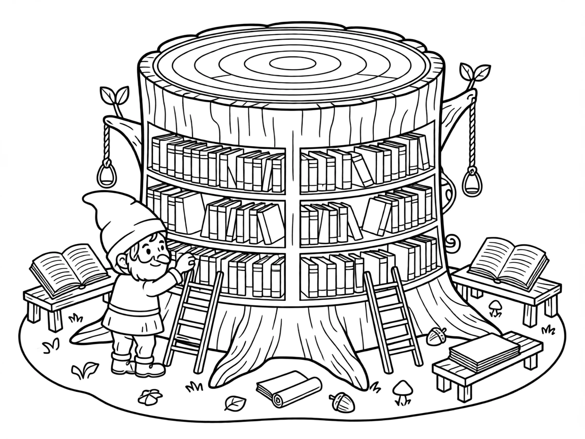 A gnome librarian organizes an entire library carved into a giant tree stump, using ladders and pulleys to reach high shelves.