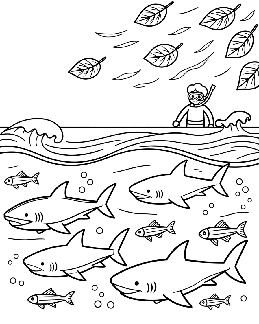 [Sharks] a school of small sharks cruising through open ocean water beneath crashing ocean waves. In the background, a diver watches safely from a distance, adding extra fun to explore. Remora fish trail along beside it. It all happens at sunset, with autumn leaves swirling in the wind.
