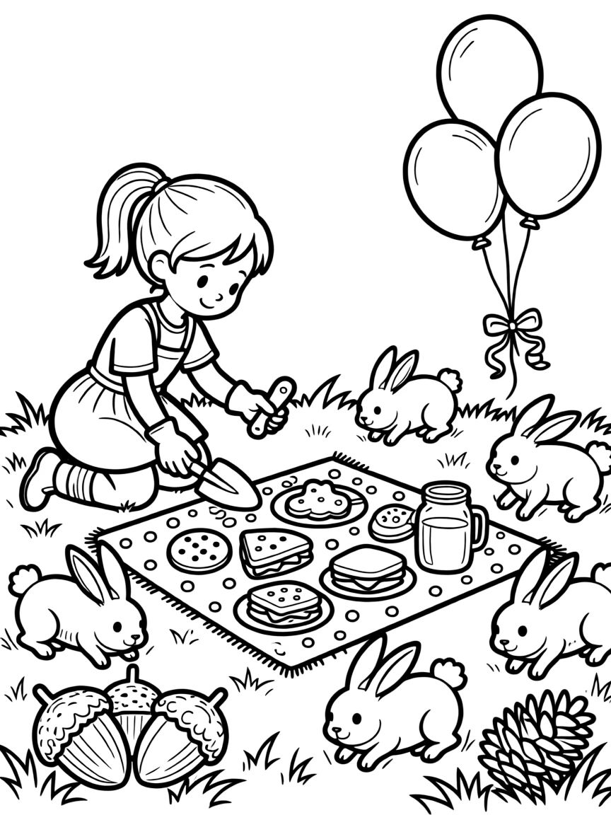 A girl gardener with a trowel and gloves is setting out a picnic blanket dotted with treats in a meadow filled with grazing bunnies. Close by, a cluster of acorns and pinecones scattered about and a cluster of bouncing balloons tied with ribbon bring the scene to life.