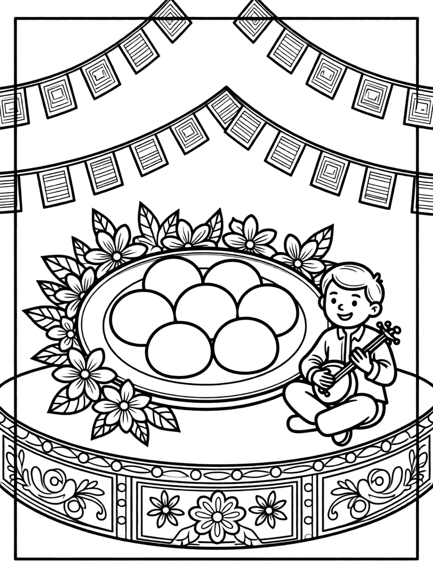 A plate of sweet dumplings offered with flowers on a decorated stage set up for a community celebration, with a proud grandfather playing close by amid strings of fluttering prayer flags and a plate of traditional festive treats.
