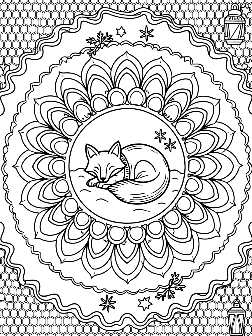 Arctic & Polar Animals: The page presents a small themed scene built around an arctic fox curled up in soft snow, tied together by a layered rosette mandala with overlapping round petals. The scene is positioned in the middle of a balanced layout, with smaller matching details arranged above and below. Decorative details fill the surrounding space, including a field of tiny honeycomb cells, delicate lace-edged fringes, and loops shaped like small bows woven throughout the background. A playful extra touch completes the page: a little lantern glowing softly in one corner of the pattern.