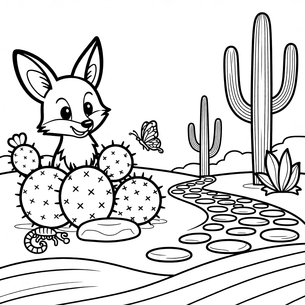 [Desert Dunes] A curious desert fox pokes its oversized ears out from behind a cluster of round cacti. A scorpion scuttles beneath a flat stone as butterflies drift over blooming cacti. Tall saguaro cacti stand like sentries near a winding path of smooth, sun-baked stones. A gentle wind shapes soft ripples across the dunes beneath a clear blue sky.