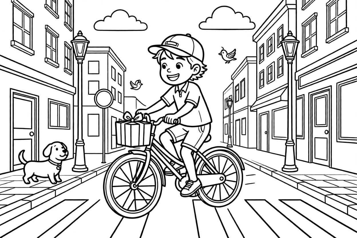 A bicycle courier pedals quickly through city streets delivering a package.