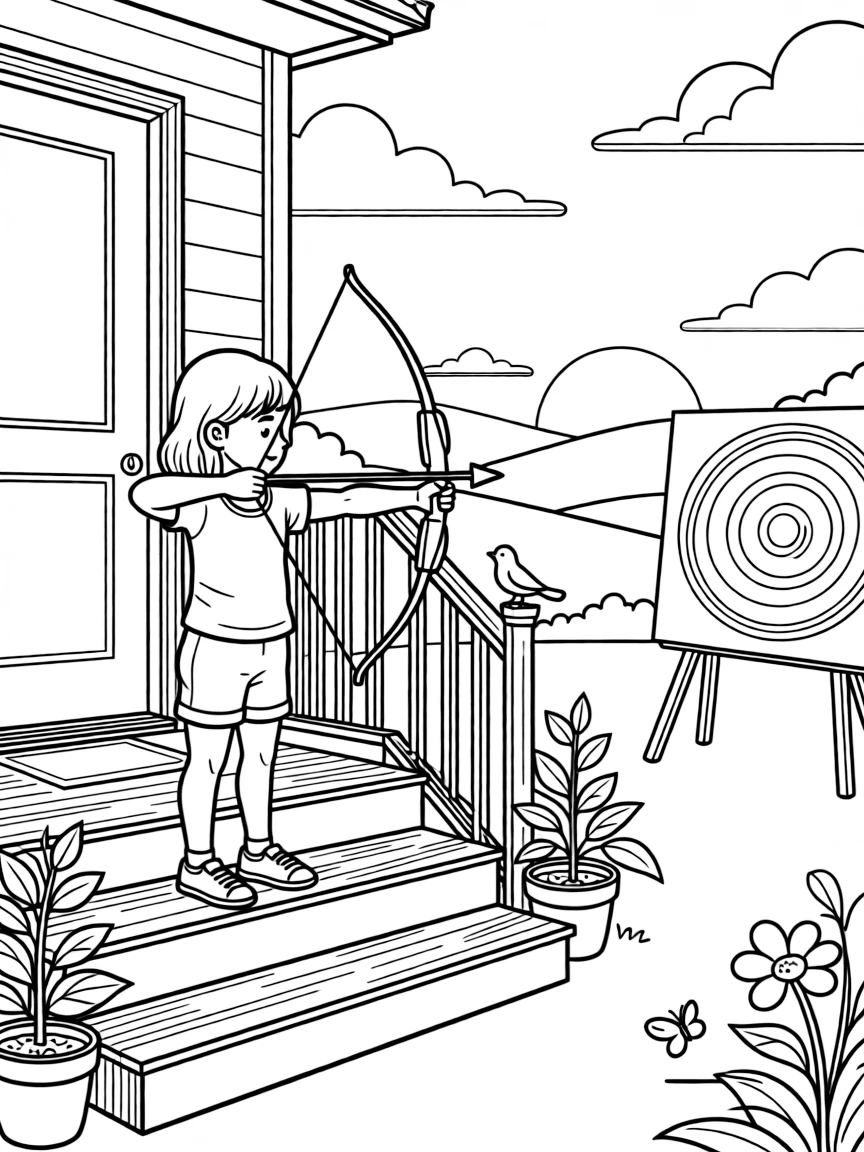 A little sister practicing archery alone on the front porch steps, deeply focused, as the sun sets in orange and pink.