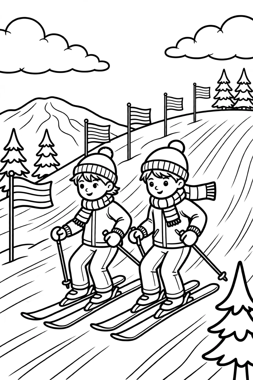 A pair of best friends, weaving gracefully between colorful slalom flags on a groomed run.
