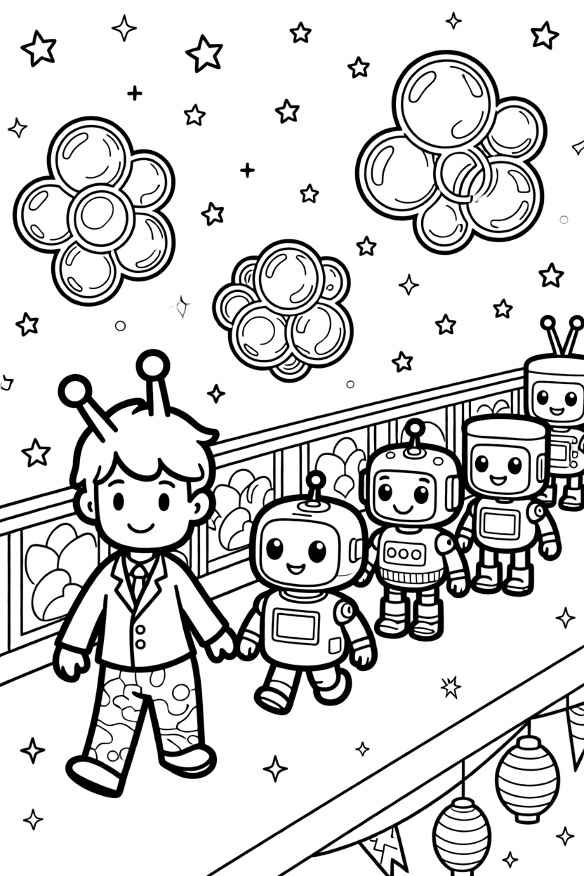 In a starlit rooftop deck used for stargazing parties, Zenon, a friendly alien with glowing antennae leading a parade of friendly robots through a festival in the cyber city, while a cluster of soap-bubble-like energy shields adds to the excitement.