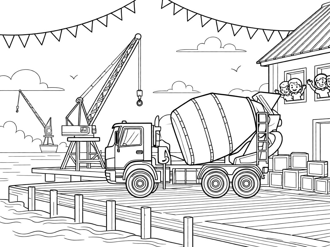 A rumbling cement mixer truck with a spinning drum is shown journeying through a busy harbor lined with docks, cranes, and stacked crates, with a group of cheerful kids waving from the windows close by and a string of triangle pennant flags overhead completing the lively scene.